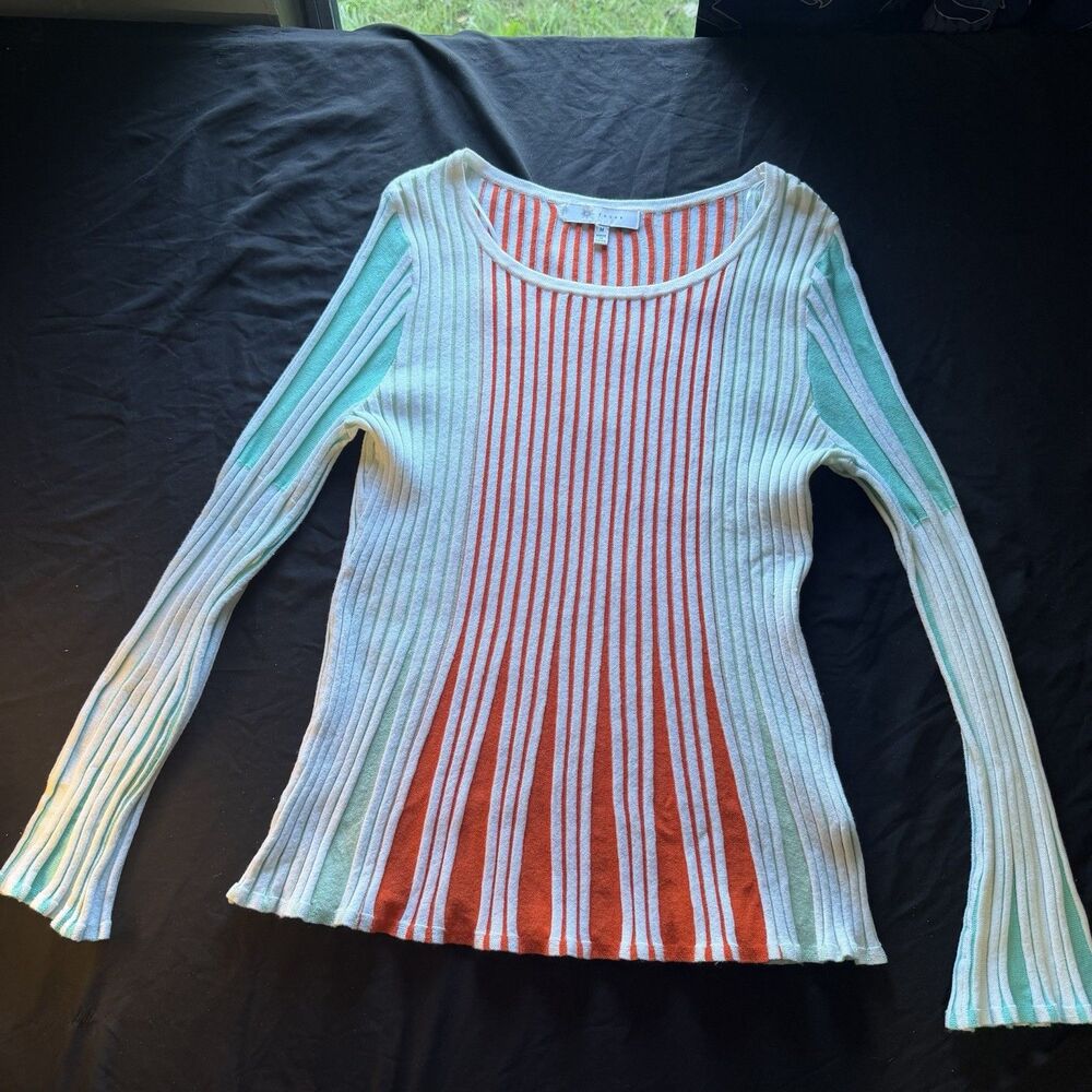 Fever Womens Ribbed Top M Striped Colorblock Y2K Retro Bell Sleeve Knit Shirt